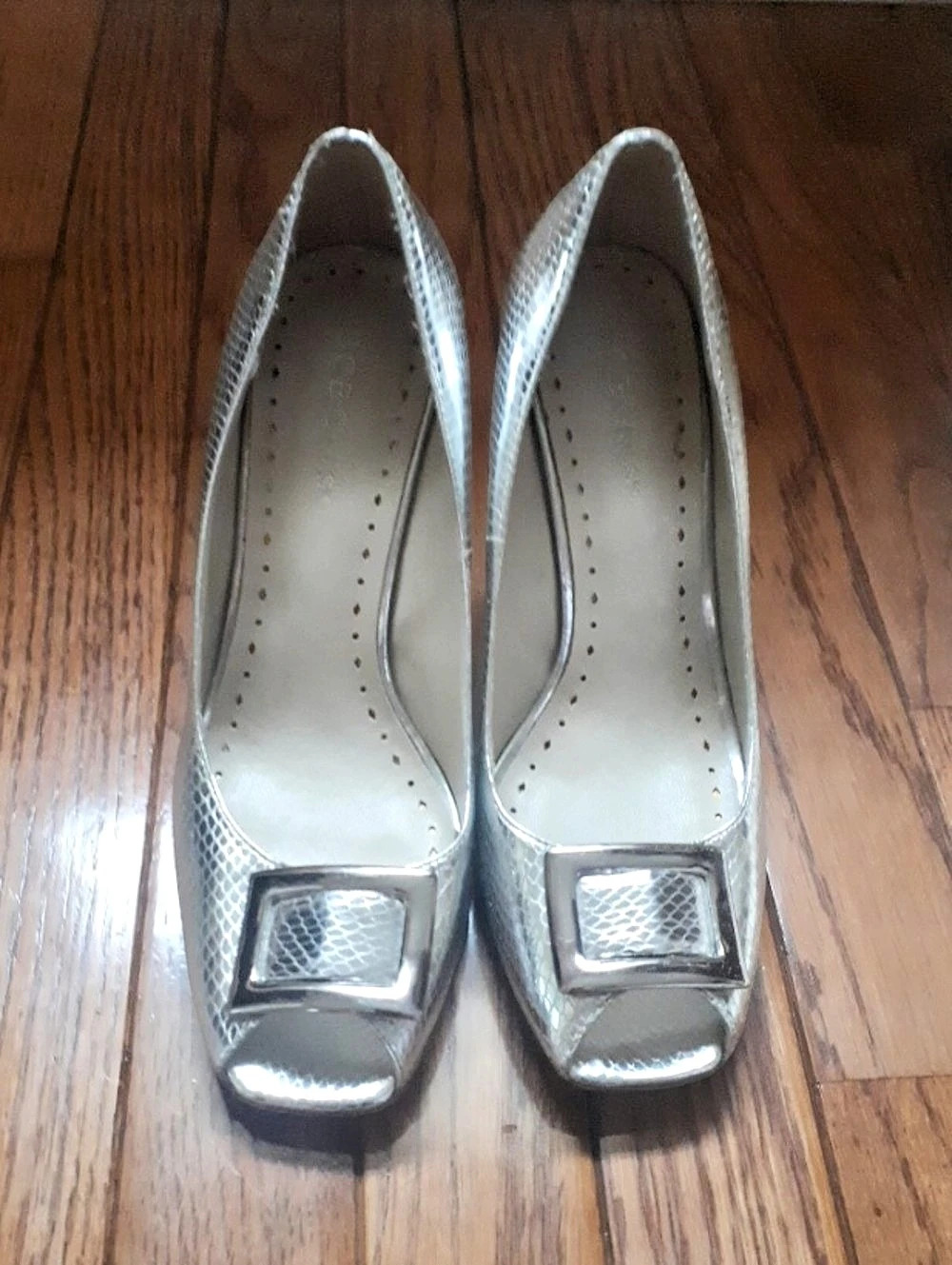 BCBGirls  Metallic Silver Buckle Heels